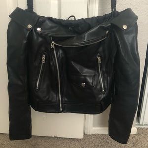 Black faux-leather off-the-shoulder jacket